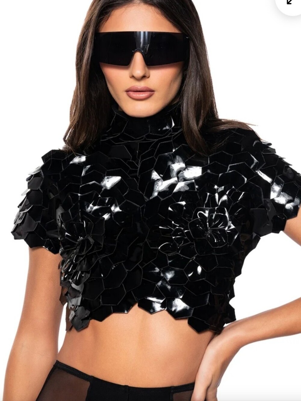 AKIRA In Bloom Black Faux Leather Floral Crop Top Size Large NWT